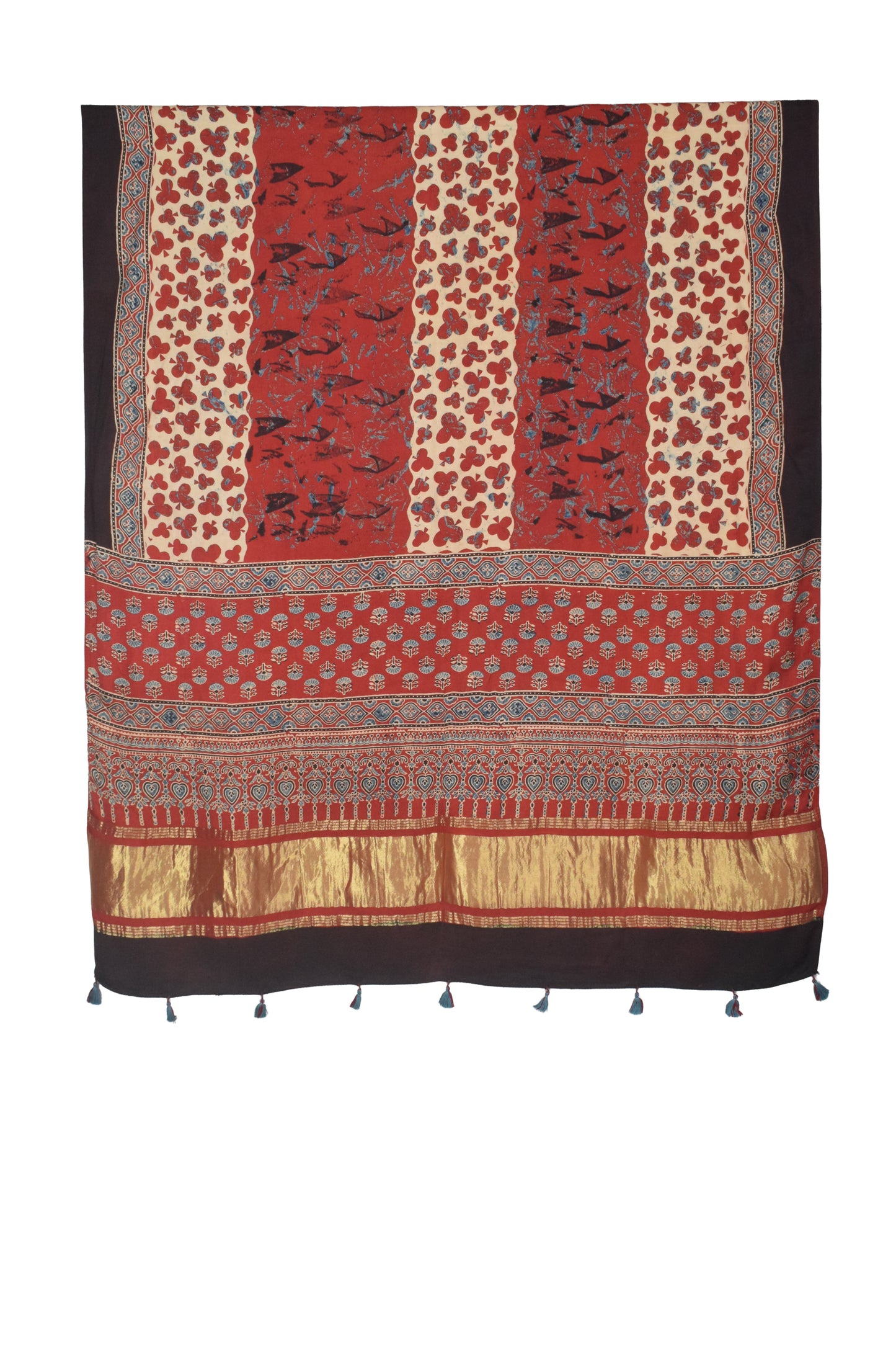 Ajrakh Modal Silk Natural Dye Hand Block Print Dupatta with Golden Border - 2.5 Mtr Length    -  SKU : AI21B01G