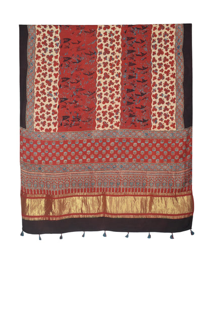 Ajrakh Modal Silk Natural Dye Hand Block Print Dupatta with Golden Border - 2.5 Mtr Length    -  SKU : AI21B01G