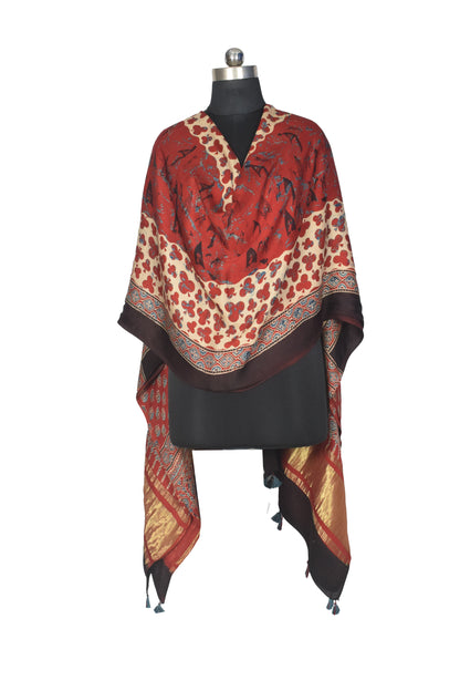 Ajrakh Modal Silk Natural Dye Hand Block Print Dupatta with Golden Border - 2.5 Mtr Length    -  SKU : AI21B01G