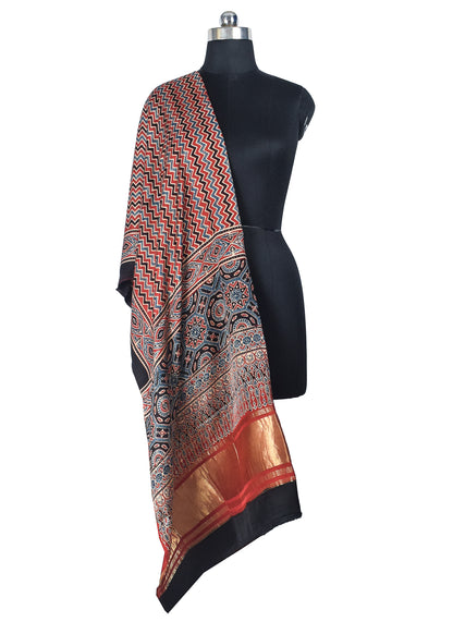 Ajrakh Modal Silk Natural Dye Hand Block Print Dupatta with Golden Border - 2.5 Mtr Length    -  SKU : AI21B01Y