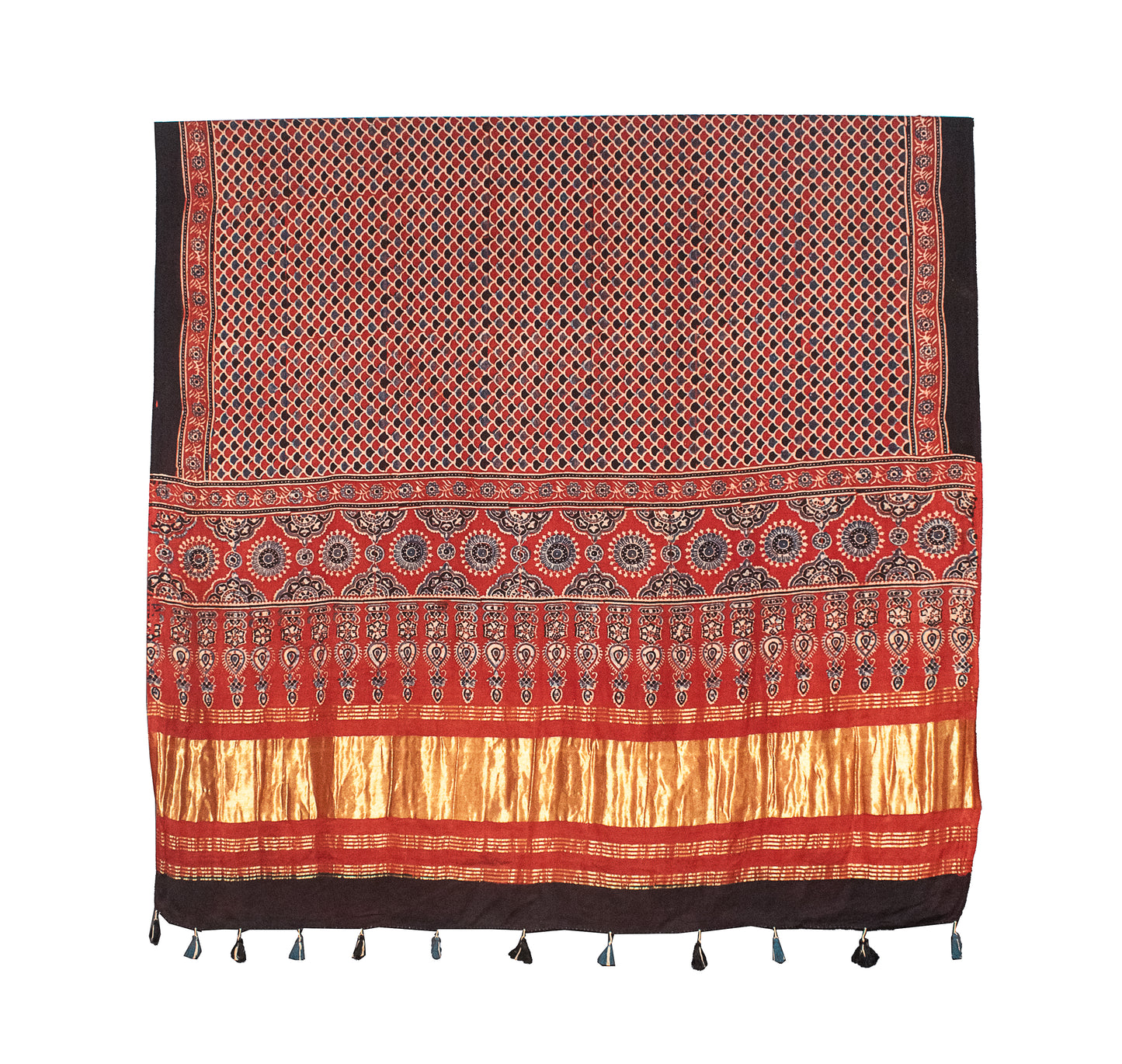 Ajrakh Modal Silk Natural Dye Hand Block Print Dupatta  with Golden Border - 2.5 Mtr Length    -  SKU : HM24601A