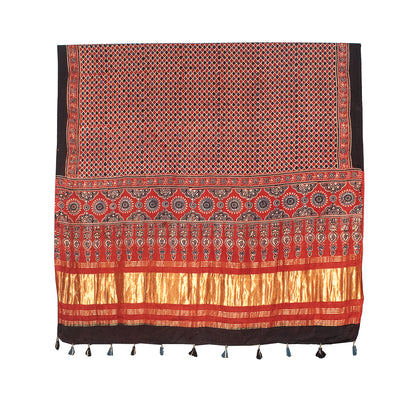 Ajrakh Modal Silk Natural Dye Hand Block Print Dupatta  with Golden Border - 2.5 Mtr Length    -  SKU : HM24601A