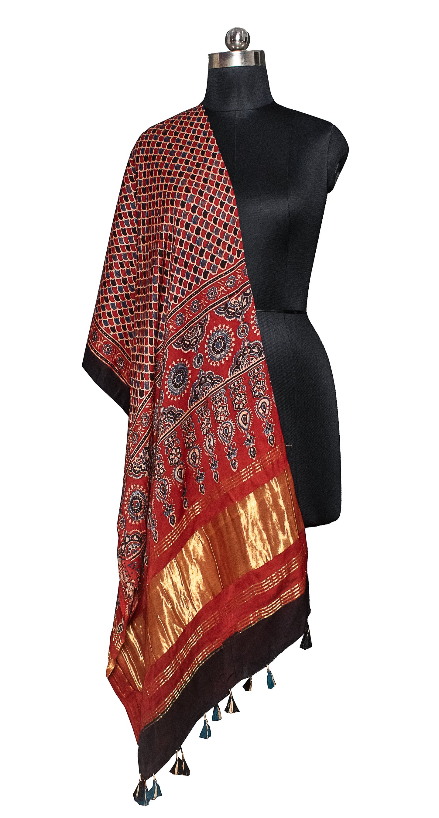 Ajrakh Modal Silk Natural Dye Hand Block Print Dupatta  with Golden Border - 2.5 Mtr Length    -  SKU : HM24601A