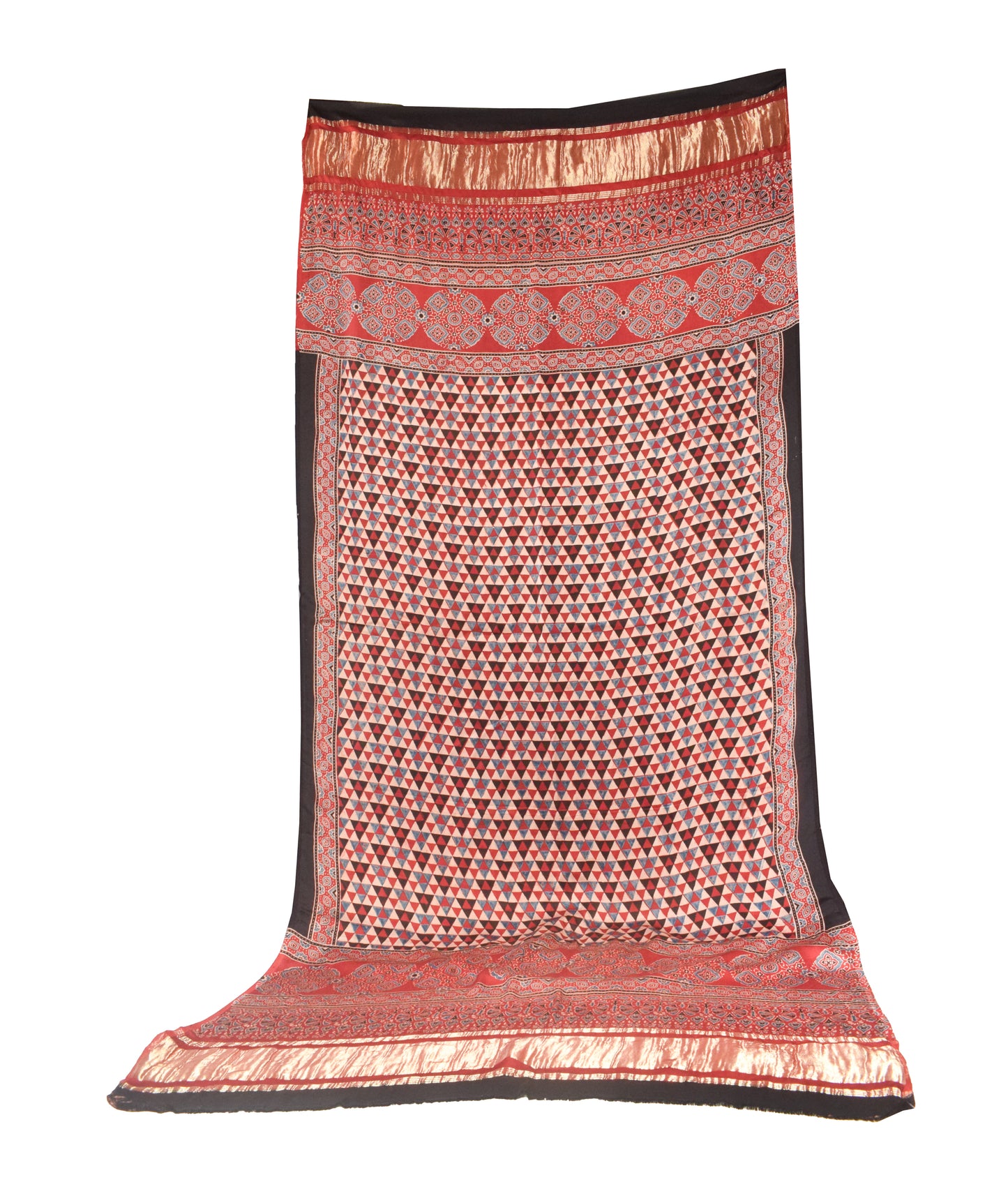 Ajrakh Modal Silk Natural Dye Hand Block Print Dupatta   with Golden Border  - 2.5 Mtr Length    -  SKU : ID11C03G