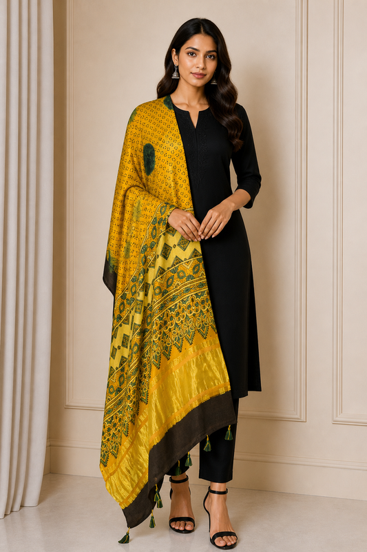 Ajrakh Modal Silk Natural Dye Hand Block Print Dupatta with Golden Border - 2.5 Mtr Length    -  SKU : AI21B01A