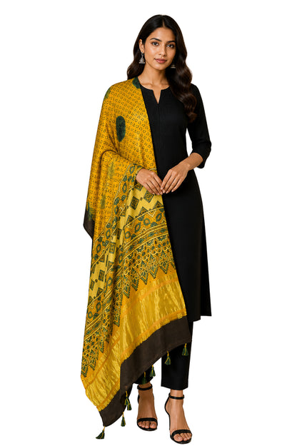Ajrakh Modal Silk Natural Dye Hand Block Print Dupatta with Golden Border - 2.5 Mtr Length    -  SKU : AI21B01A
