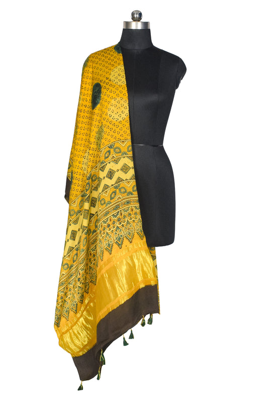 Ajrakh Modal Silk Natural Dye Hand Block Print Dupatta with Golden Border - 2.5 Mtr Length    -  SKU : AI21B01A