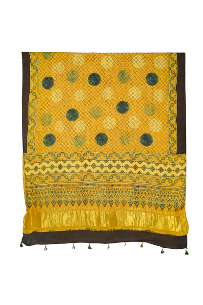 Ajrakh Modal Silk Natural Dye Hand Block Print Dupatta with Golden Border - 2.5 Mtr Length    -  SKU : AI21B01A