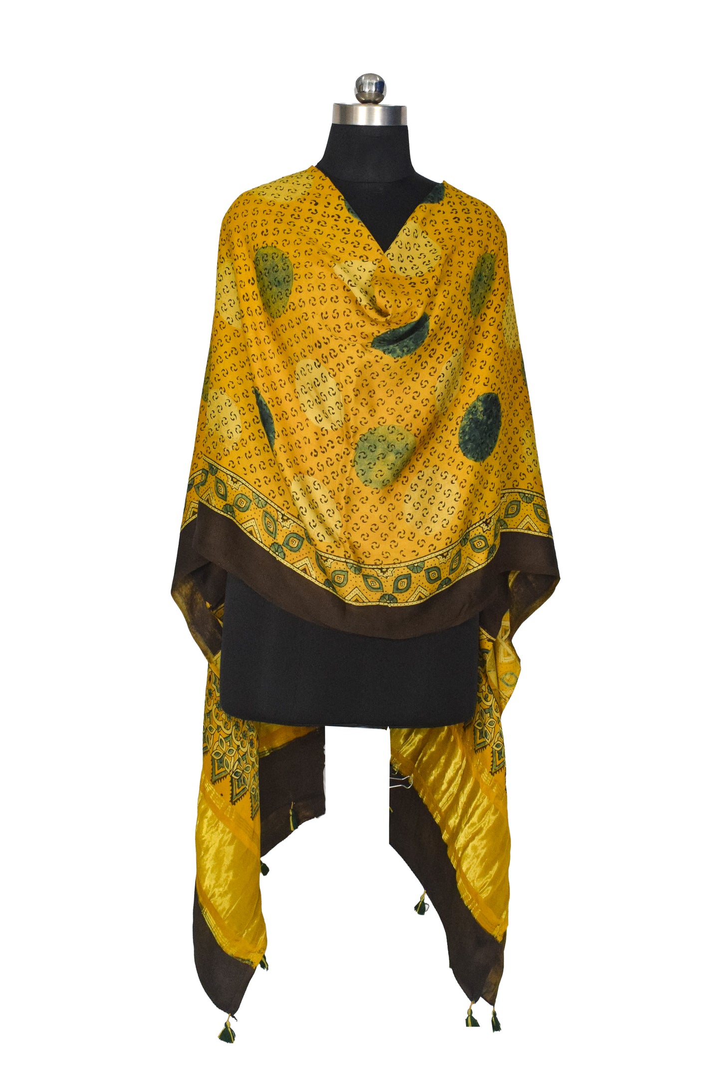 Ajrakh Modal Silk Natural Dye Hand Block Print Dupatta with Golden Border - 2.5 Mtr Length    -  SKU : AI21B01A