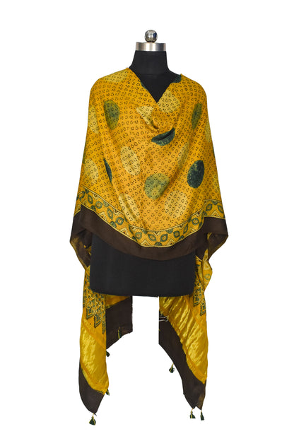 Ajrakh Modal Silk Natural Dye Hand Block Print Dupatta with Golden Border - 2.5 Mtr Length    -  SKU : AI21B01A