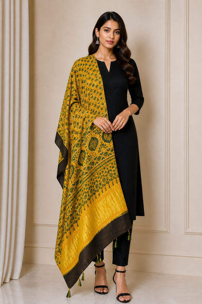 Ajrakh Modal Silk Natural Dye Hand Block Print Dupatta with Golden Border - 2.5 Mtr Length    -  SKU : AI21B01B