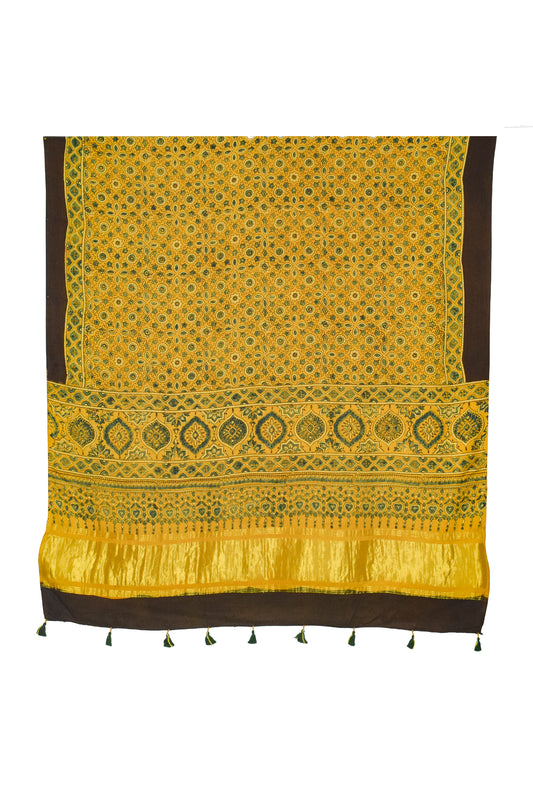 Ajrakh Modal Silk Natural Dye Hand Block Print Dupatta with Golden Border - 2.5 Mtr Length    -  SKU : AI21B01B