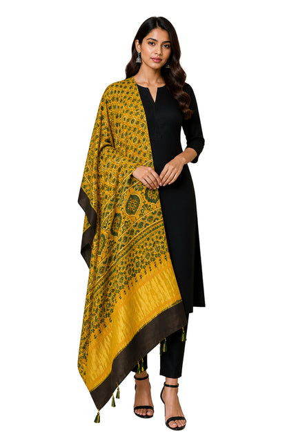 Ajrakh Modal Silk Natural Dye Hand Block Print Dupatta with Golden Border - 2.5 Mtr Length    -  SKU : AI21B01B
