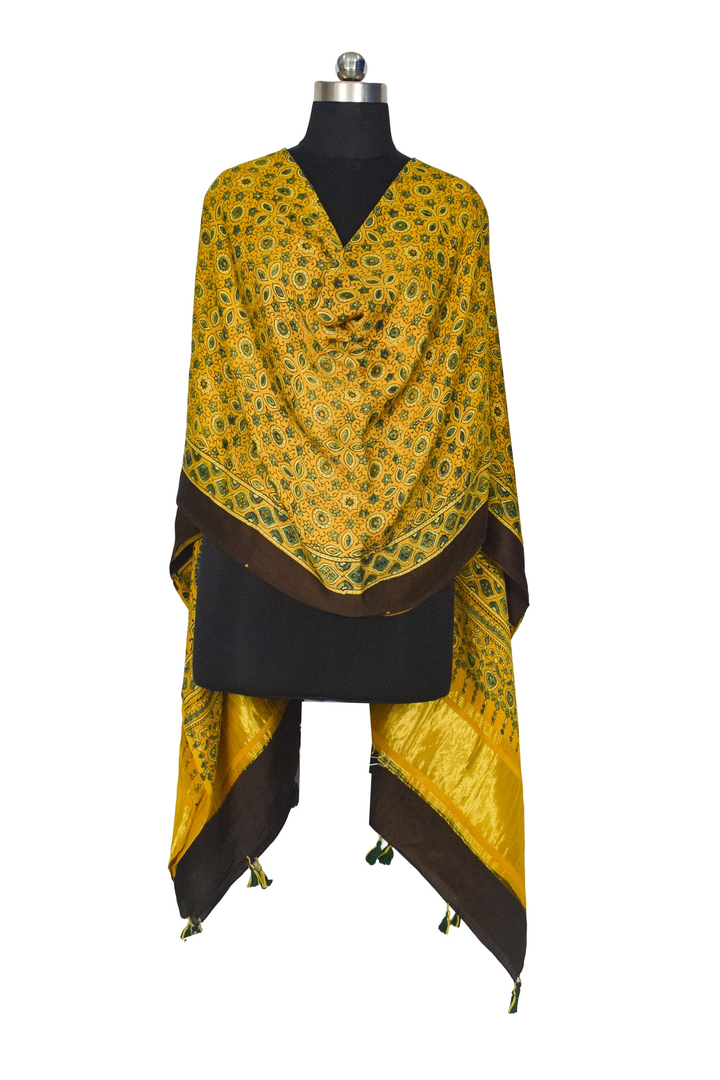 Ajrakh Modal Silk Natural Dye Hand Block Print Dupatta with Golden Border - 2.5 Mtr Length    -  SKU : AI21B01B