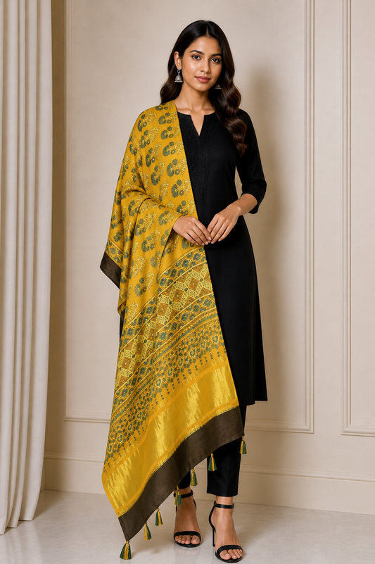 Ajrakh Modal Silk Natural Dye Hand Block Print Dupatta with Golden Border - 2.5 Mtr Length    -  SKU : AI21B01C