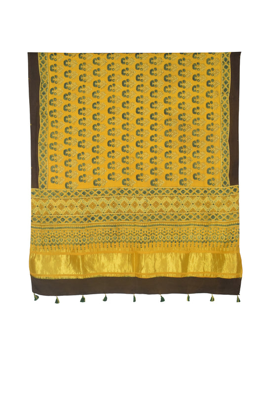 Ajrakh Modal Silk Natural Dye Hand Block Print Dupatta with Golden Border - 2.5 Mtr Length    -  SKU : AI21B01C