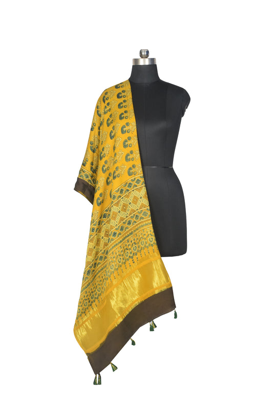 Ajrakh Modal Silk Natural Dye Hand Block Print Dupatta with Golden Border - 2.5 Mtr Length    -  SKU : AI21B01C