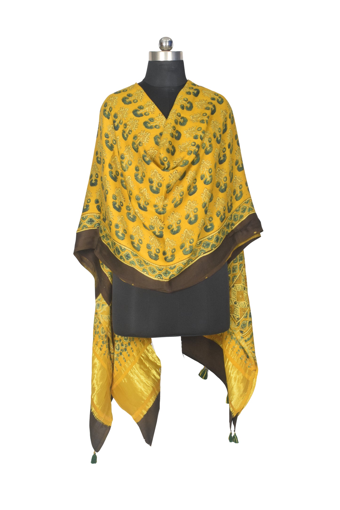 Ajrakh Modal Silk Natural Dye Hand Block Print Dupatta with Golden Border - 2.5 Mtr Length    -  SKU : AI21B01C