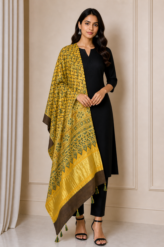 Ajrakh Modal Silk Natural Dye Hand Block Print Dupatta with Golden Border - 2.5 Mtr Length    -  SKU : AI21B01D
