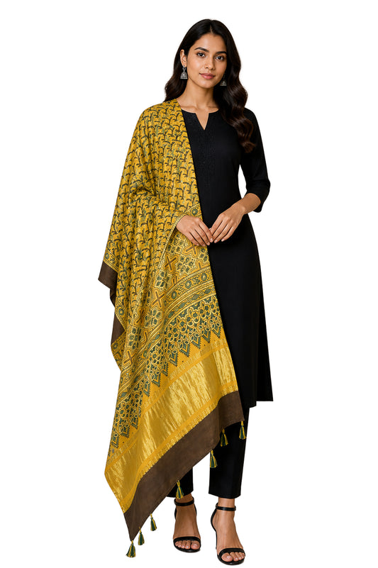 Ajrakh Modal Silk Natural Dye Hand Block Print Dupatta with Golden Border - 2.5 Mtr Length    -  SKU : AI21B01D
