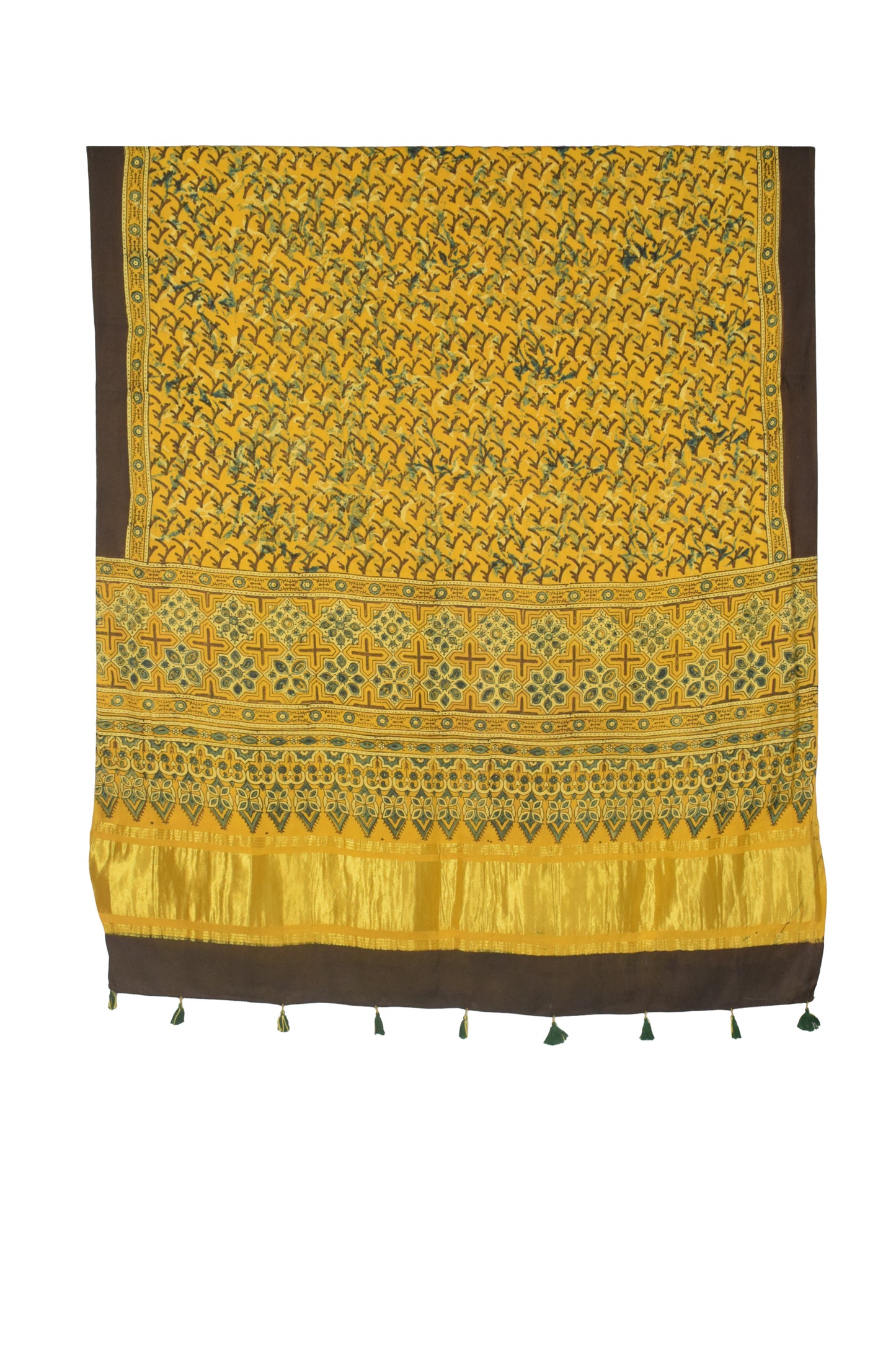 Ajrakh Modal Silk Natural Dye Hand Block Print Dupatta with Golden Border - 2.5 Mtr Length    -  SKU : AI21B01D