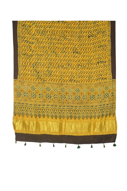 Ajrakh Modal Silk Natural Dye Hand Block Print Dupatta with Golden Border - 2.5 Mtr Length    -  SKU : AI21B01D