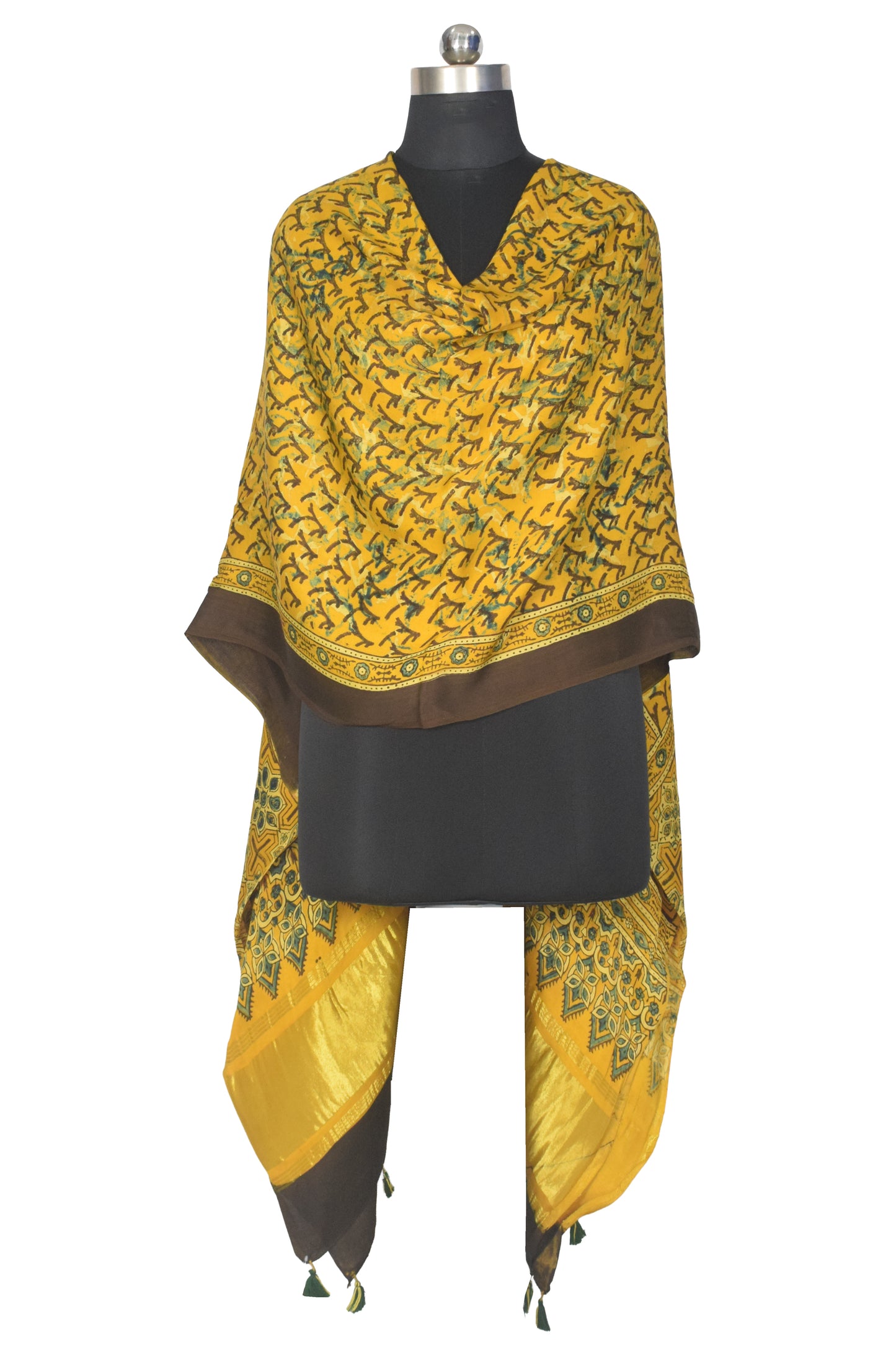 Ajrakh Modal Silk Natural Dye Hand Block Print Dupatta with Golden Border - 2.5 Mtr Length    -  SKU : AI21B01D