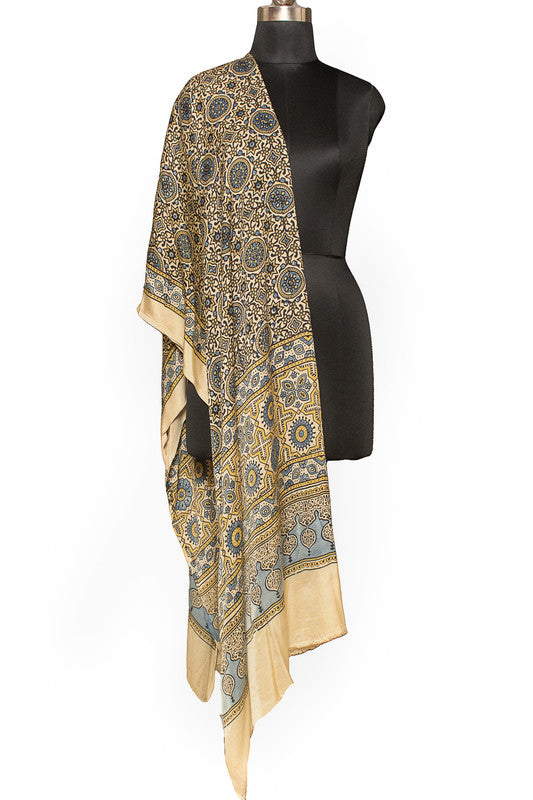 Ajrakh Modal Silk Natural Dye Hand Block Print Dupatta  - 2.5 Mtr Length    -  SKU : ID02701F