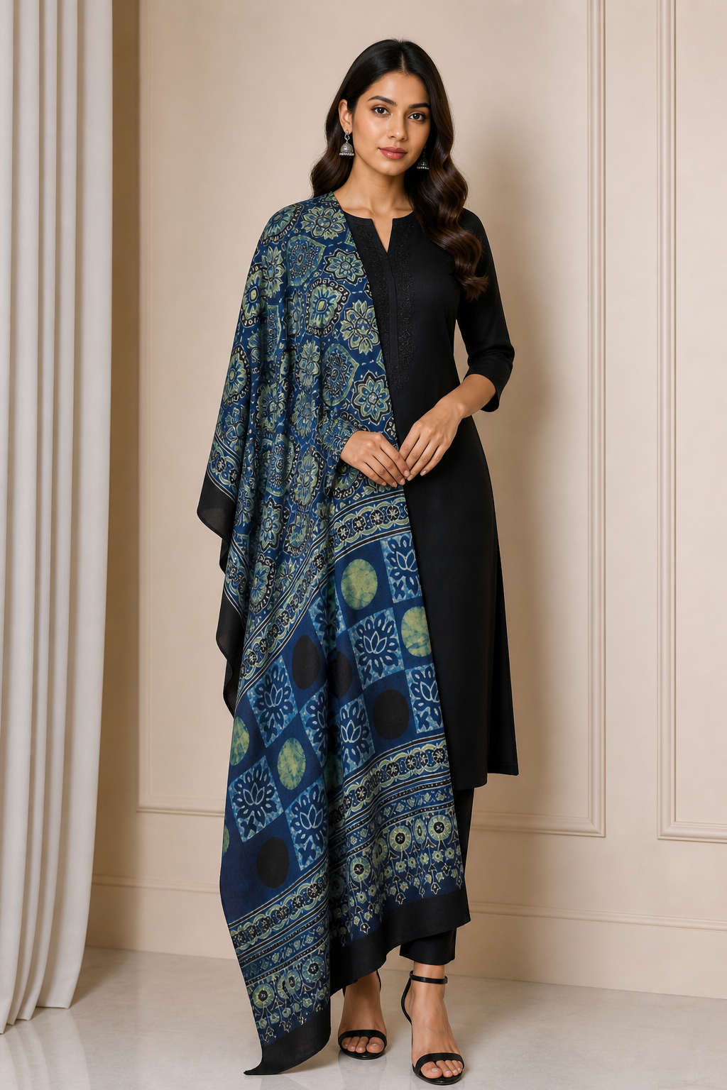 Ajrakh Modal Silk Natural Dye Hand Block Print Dupatta  - 2.5 Mtr Length    -  SKU : AI27802A