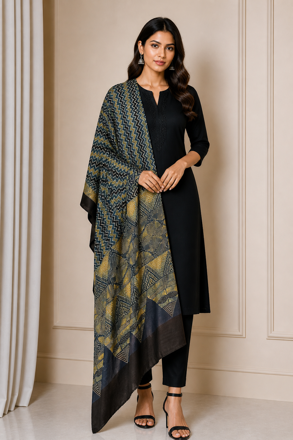 Ajrakh Modal Silk Natural Dye Hand Block Print Dupatta  - 2.5 Mtr Length    -  SKU : ID02701L