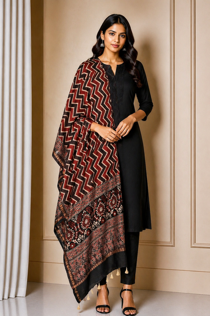 Ajrakh Chanderi Silk Natural Dye Hand Block Print Dupatta  With Tassels  - 2.5 Mtr Length    -  SKU : ID07701E