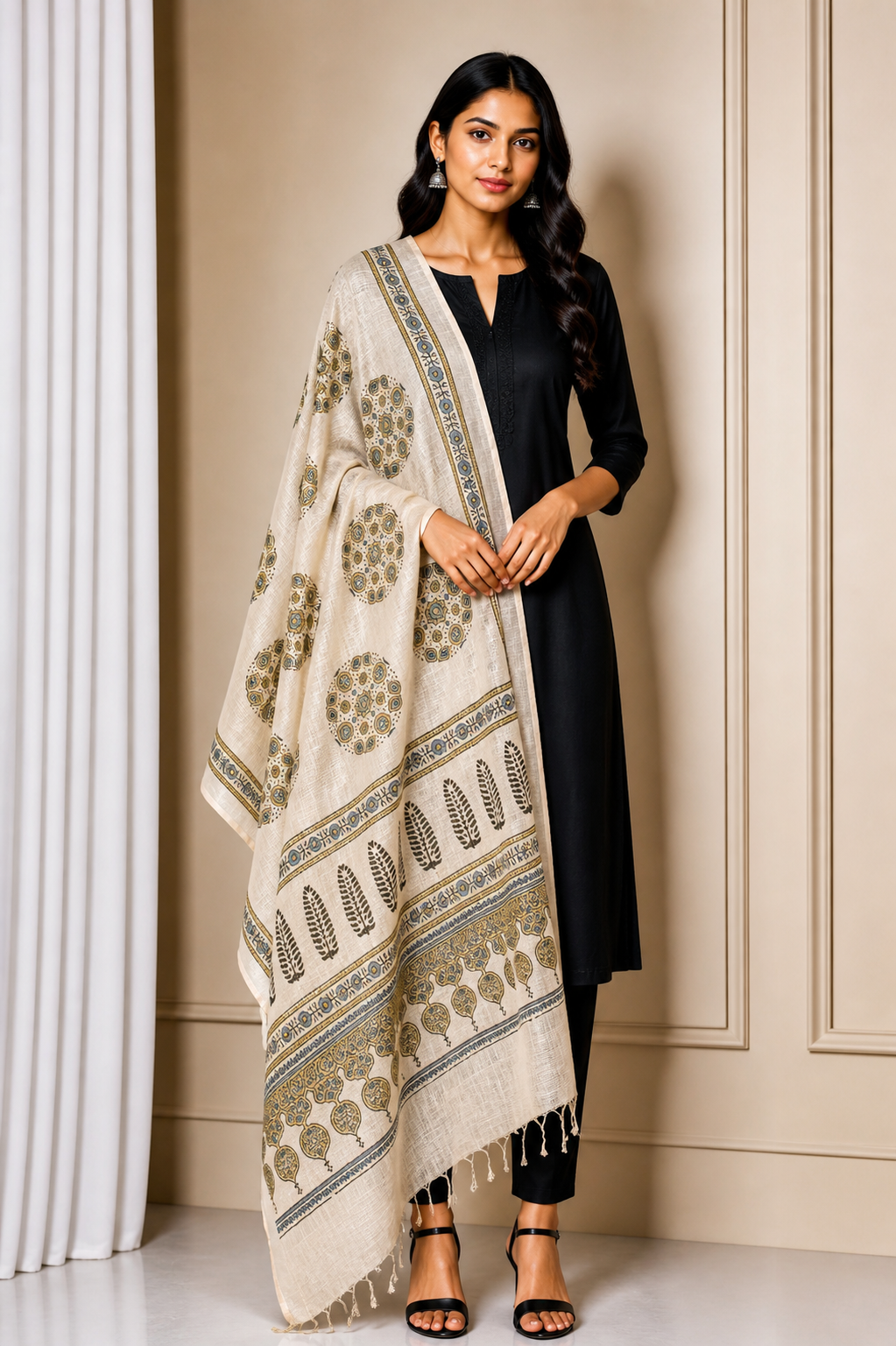 Ajrakh Linen Natural Dye Hand Block Print Dupatta  With Tassels  - 2.3 Mtr Length  -  SKU: RD03602F