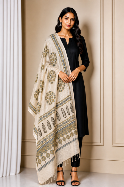 Ajrakh Linen Natural Dye Hand Block Print Dupatta  With Tassels  - 2.3 Mtr Length  -  SKU: RD03602F
