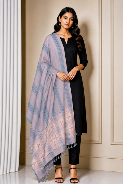 Hand Woven Kala Cotton Patterned Weaving Dupatta  With Tassels  - 2.2 Mtr Length  -  SKU: BM13606A