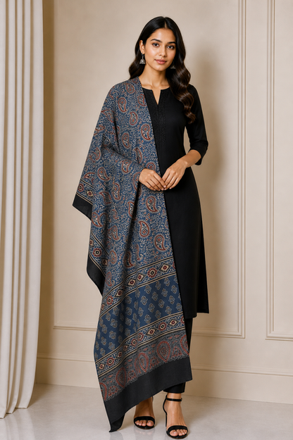 Ajrakh cotton Natural Dye Hand Block Print Dupatta  - 2.5 Mtr Length    -  SKU : AI06A03G