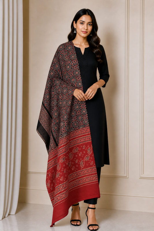 Ajrakh cotton Natural Dye Hand Block Print Dupatta  - 2.5 Mtr Length    -  SKU : IA06503D
