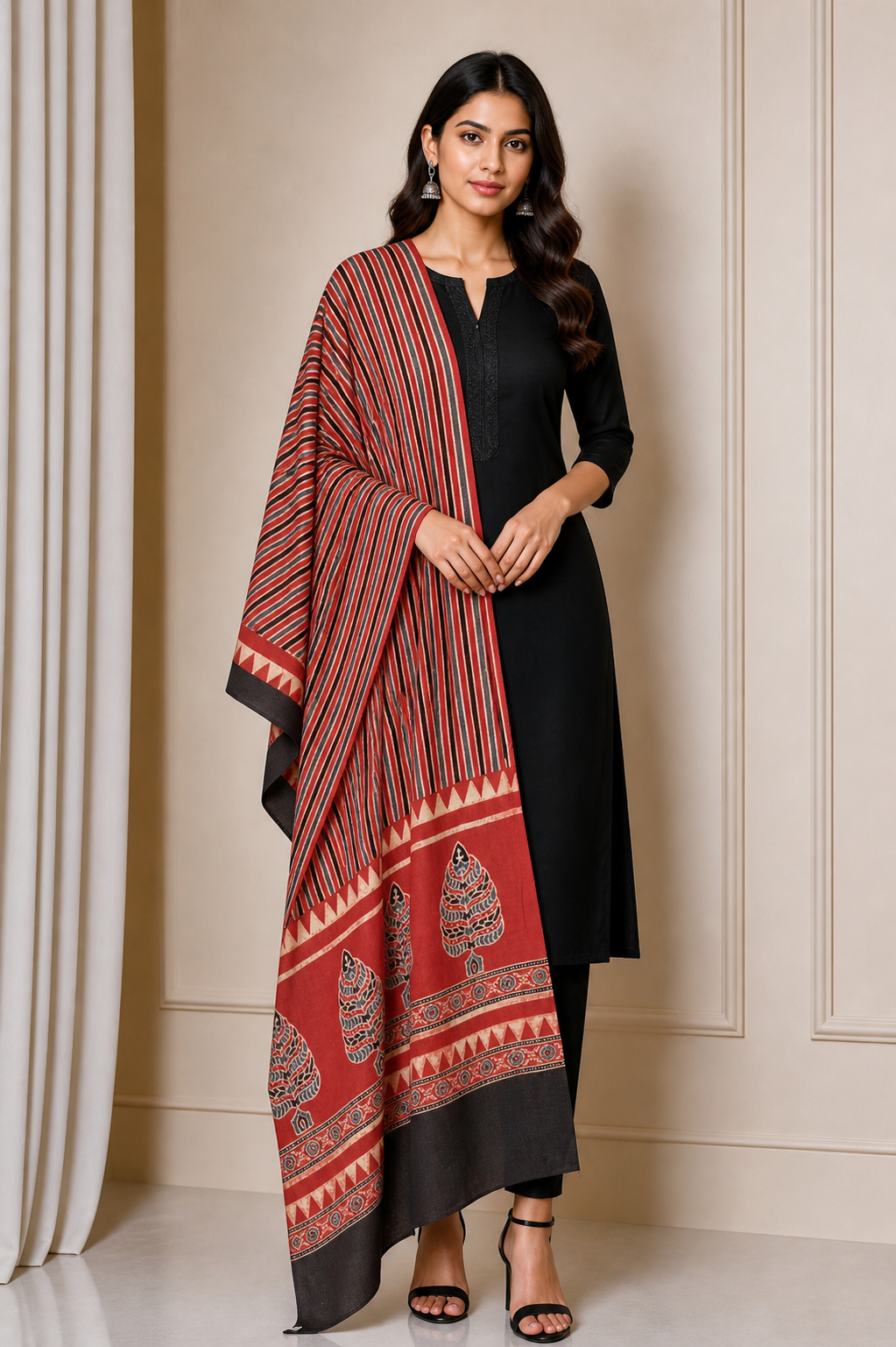 Ajrakh cotton Natural Dye Hand Block Print Dupatta  - 2.5 Mtr Length    -  SKU : AI06A03F