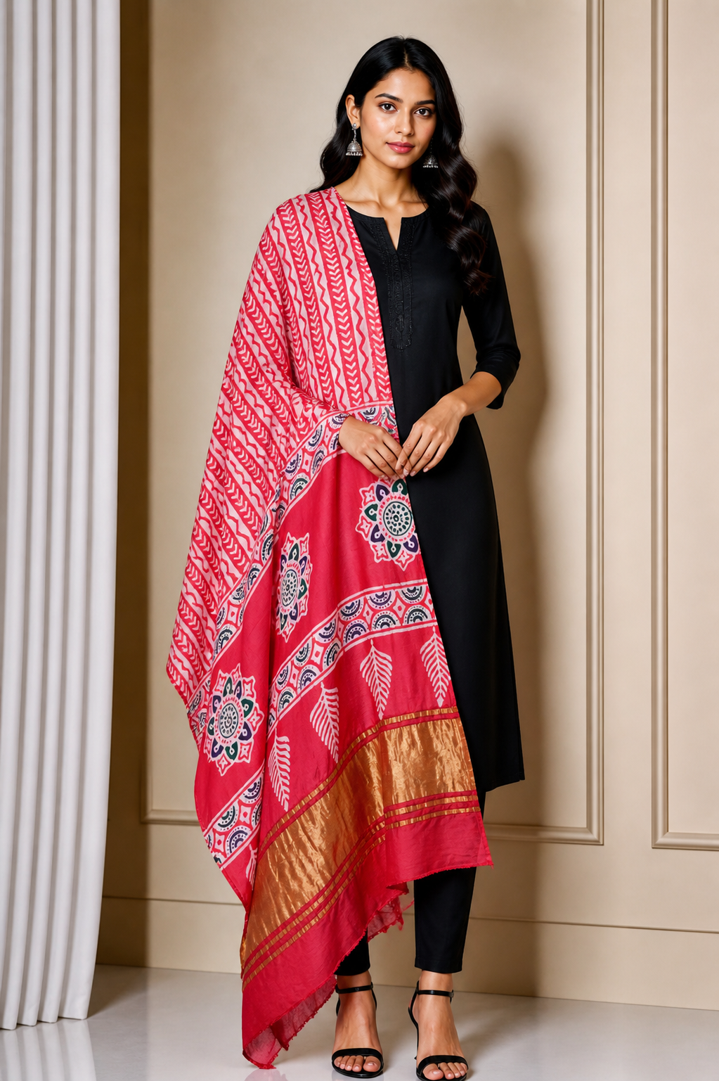Wax Batik Modal Silk Hand Block Print Dupatta   With Golden Border  - 2.65 Mtr Length  -  SKU: HM23701C