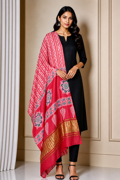Wax Batik Modal Silk Hand Block Print Dupatta   With Golden Border  - 2.65 Mtr Length  -  SKU: HM23701C