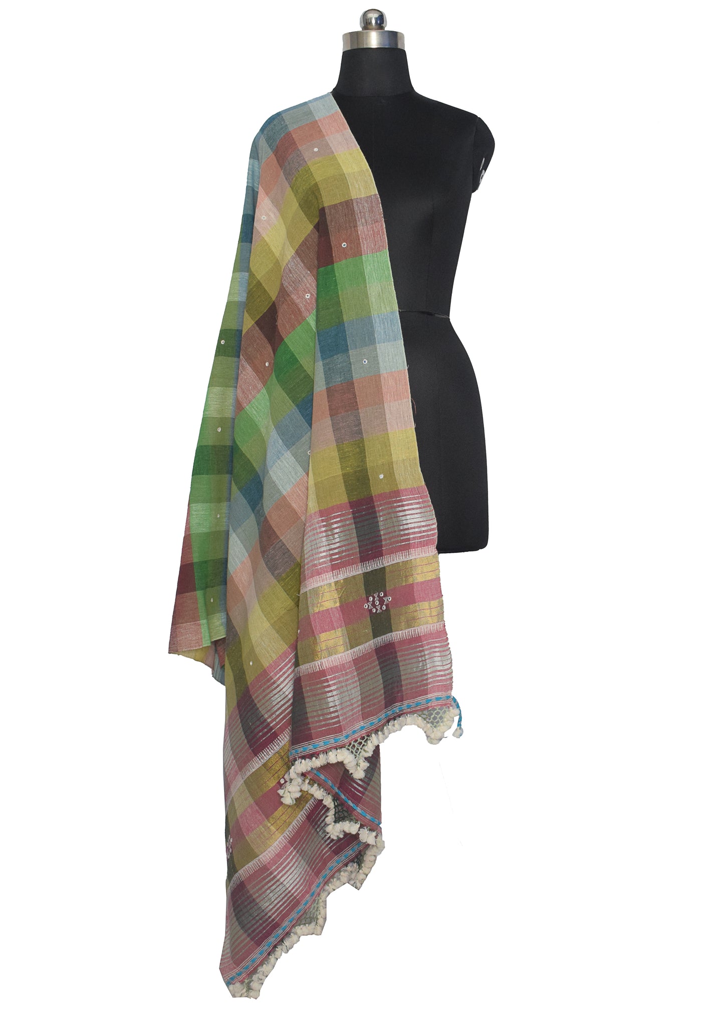 Handloom Woven Kala Cotton Patterned Weaving Fine Mirrorwork Dupatta with Tassels - 2.5 Mtr Length    -  SKU : JM27802A