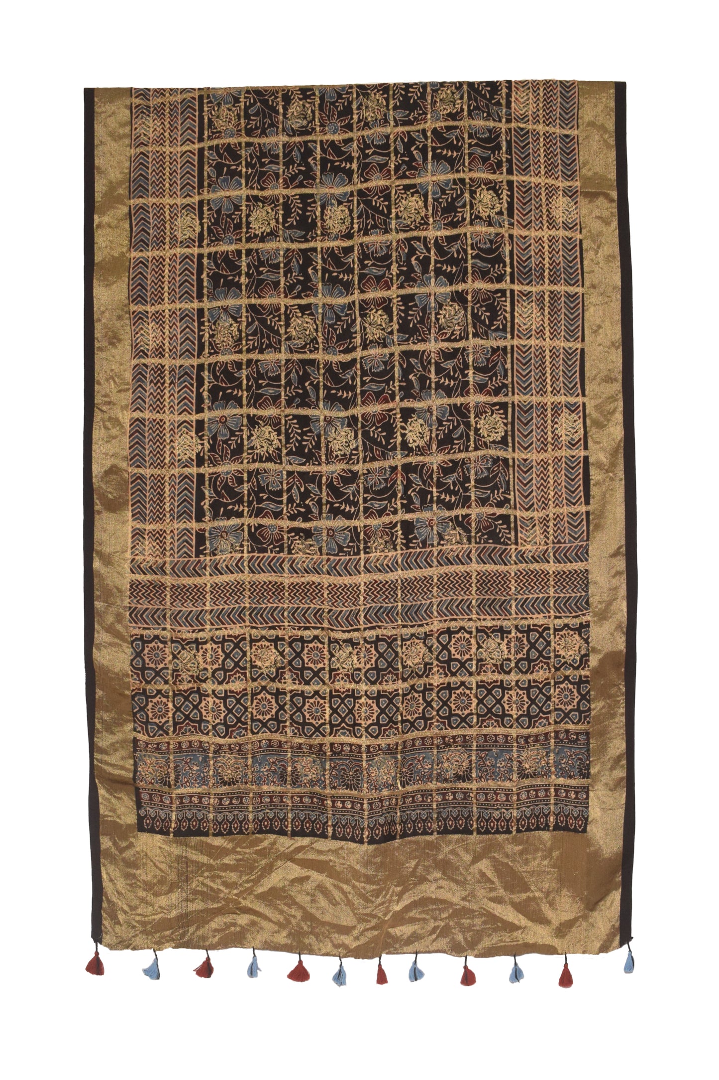 Ajrakh Dola Silk Natural Dye Jari Butta Hand Block Print Dupatta  With Full Nakshi Border & Tassels  - 2.4 Mtr Length    -  SKU : PN21101B