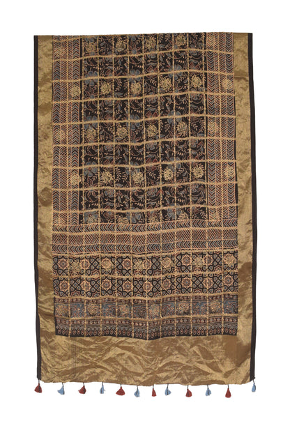 Ajrakh Dola Silk Natural Dye Jari Butta Hand Block Print Dupatta  With Full Nakshi Border & Tassels  - 2.4 Mtr Length    -  SKU : PN21101B