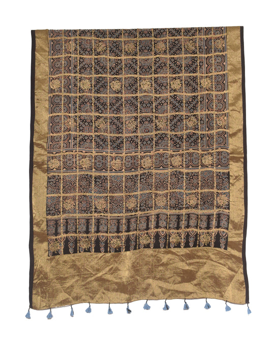 Ajrakh Dola Silk Natural Dye Jari Butta Hand Block Print Dupatta  With Full Nakshi Border & Tassels  - 2.4 Mtr Length    -  SKU : PN21101F