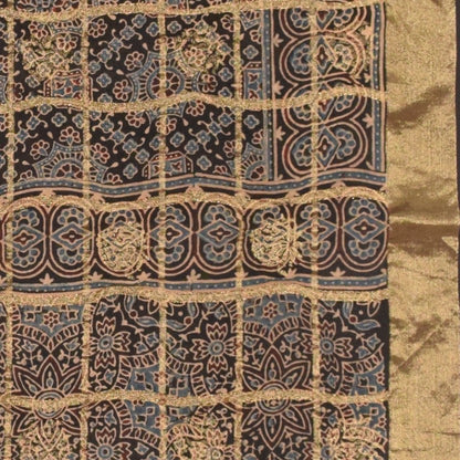 Ajrakh Dola Silk Natural Dye Jari Butta Hand Block Print Dupatta  With Full Nakshi Border & Tassels  - 2.4 Mtr Length    -  SKU : PN21101F