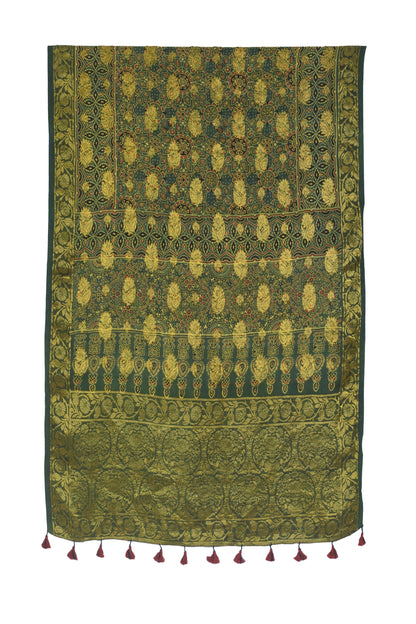 Ajrakh Dola Silk Natural Dye Jari Butta Hand Block Print Dupatta  With Full Nakshi Border & Tassels  - 2.4 Mtr Length    -  SKU : PN21101C