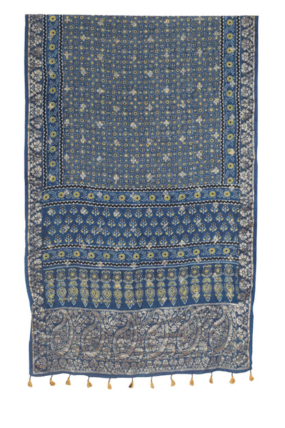 Ajrakh Dola Silk Natural Dye Jari Butta Hand Block Print Dupatta  With Full Nakshi Border & Tassels  - 2.4 Mtr Length    -  SKU : FJ19101A