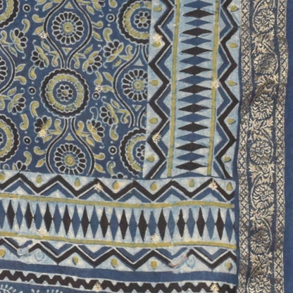 Ajrakh Dola Silk Natural Dye Jari Butta Hand Block Print Dupatta  With Full Nakshi Border & Tassels  - 2.4 Mtr Length    -  SKU : FJ19101C