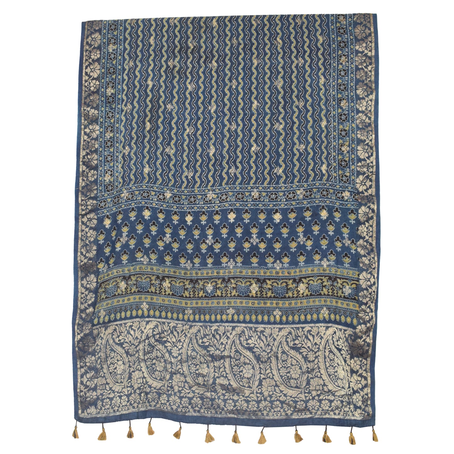 Ajrakh Dola Silk Natural Dye Jari Butta Hand Block Print Dupatta  With Full Nakshi Border & Tassels  - 2.4 Mtr Length    -  SKU : FJ19101E