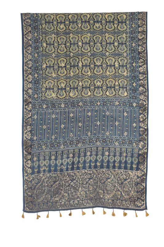 Ajrakh Dola Silk Natural Dye Jari Butta Hand Block Print Dupatta  With Full Nakshi Border & Tassels  - 2.4 Mtr Length    -  SKU : PN21101E
