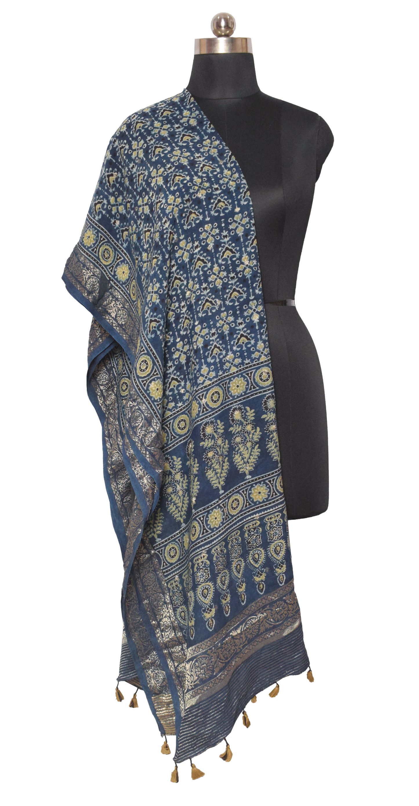 Ajrakh Dola Silk Natural Dye Jari Butta Hand Block Print Dupatta  With Full Nakshi Border & Tassels  - 2.4 Mtr Length    -  SKU : PN21101I